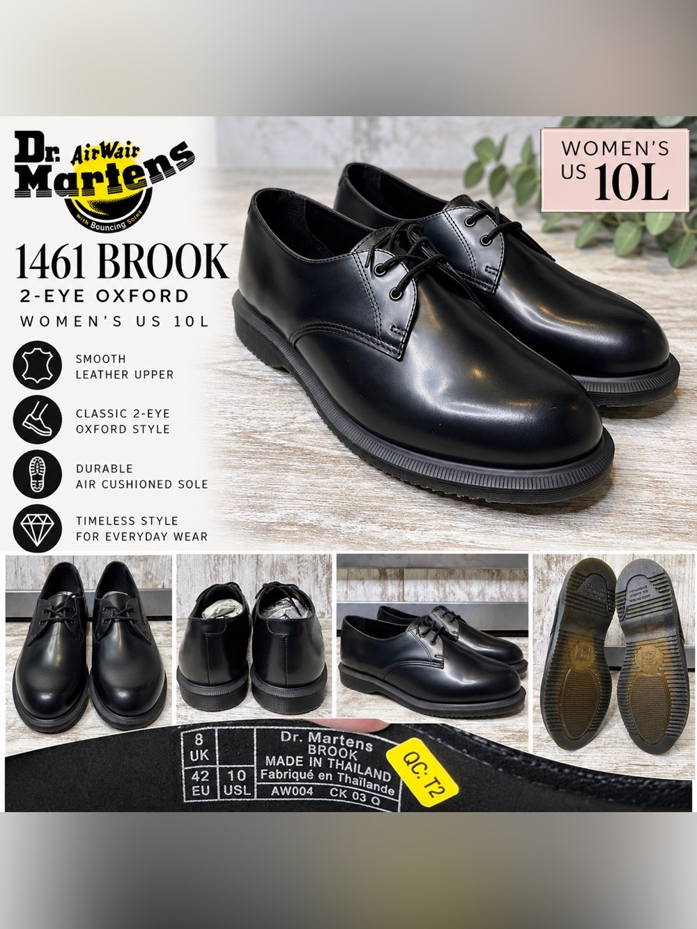 Dr. Martens Women’s 1461 Brook 2-Eye Black Smooth Leather Oxford Shoes US 10L